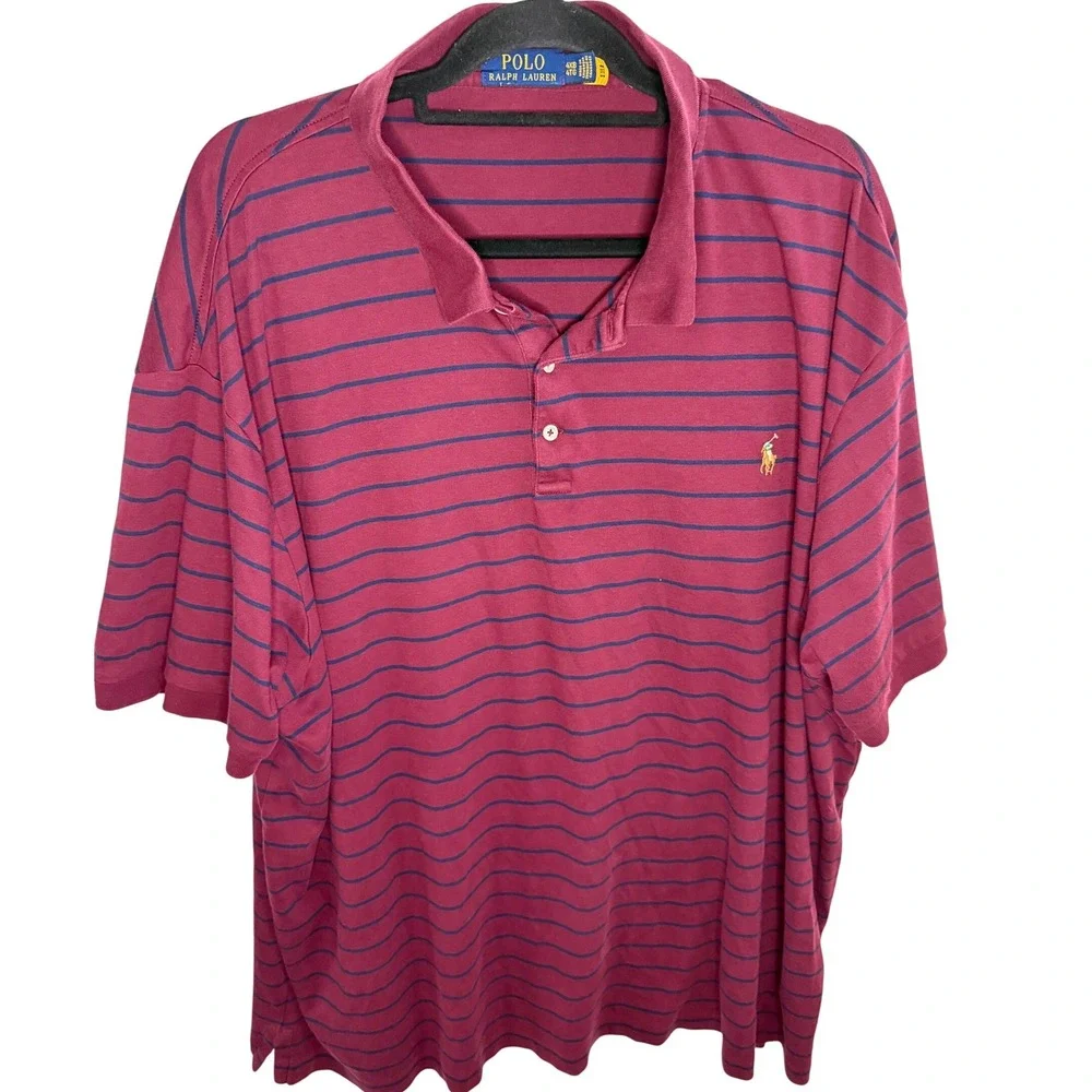 Polo Ralph Lauren Men's 4XB Polo Shirt Burgundy Maroon Navy Blue‎ Striped Cotton